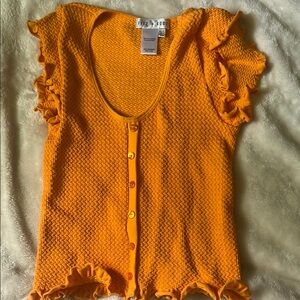 Buckle Orange Ruffled Cap Sleeve Button Down Blouse